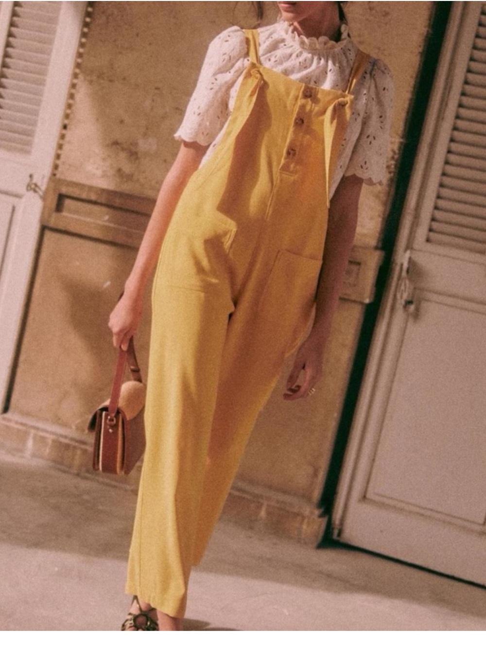 Sezane Mustard Yellow Linen-Blend Tie-Strap Overalls Jumpsuit